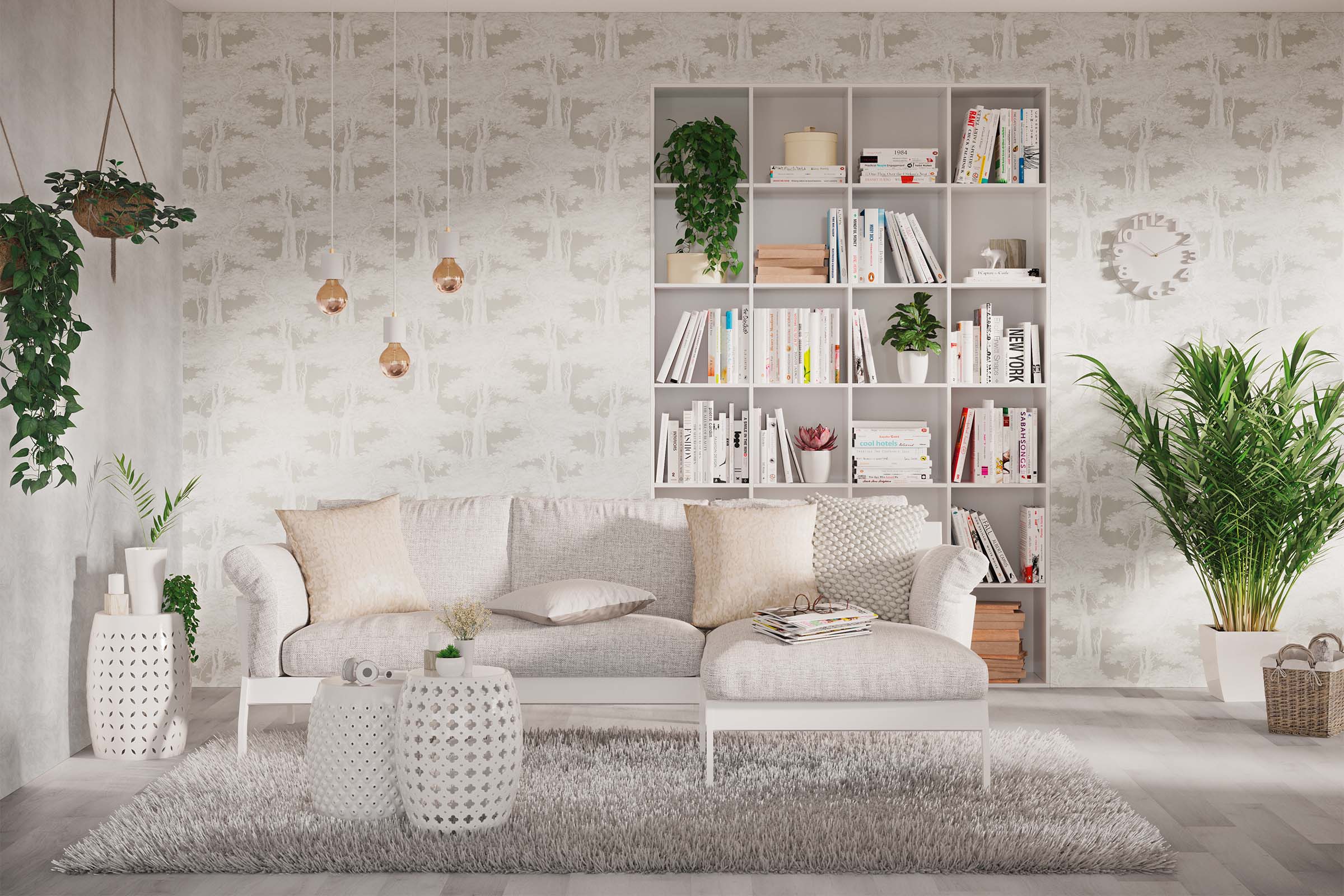 Cameră de zi cu canapea, bibliotecă, covor și plante de interior, creând o atmosferă luminoasă și organizată.