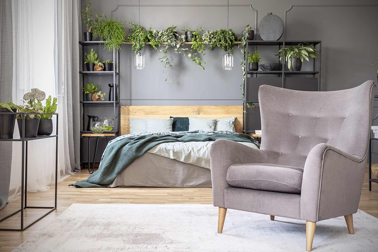Dormitor cu pat, fotoliu, rafturi și plante de interior