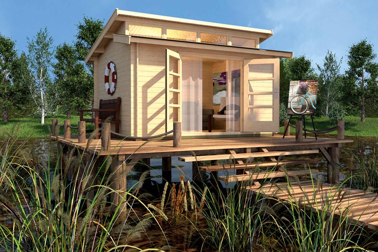 Casă de grădină din lemn pe un ponton deasupra apei cu o intrare deschisă