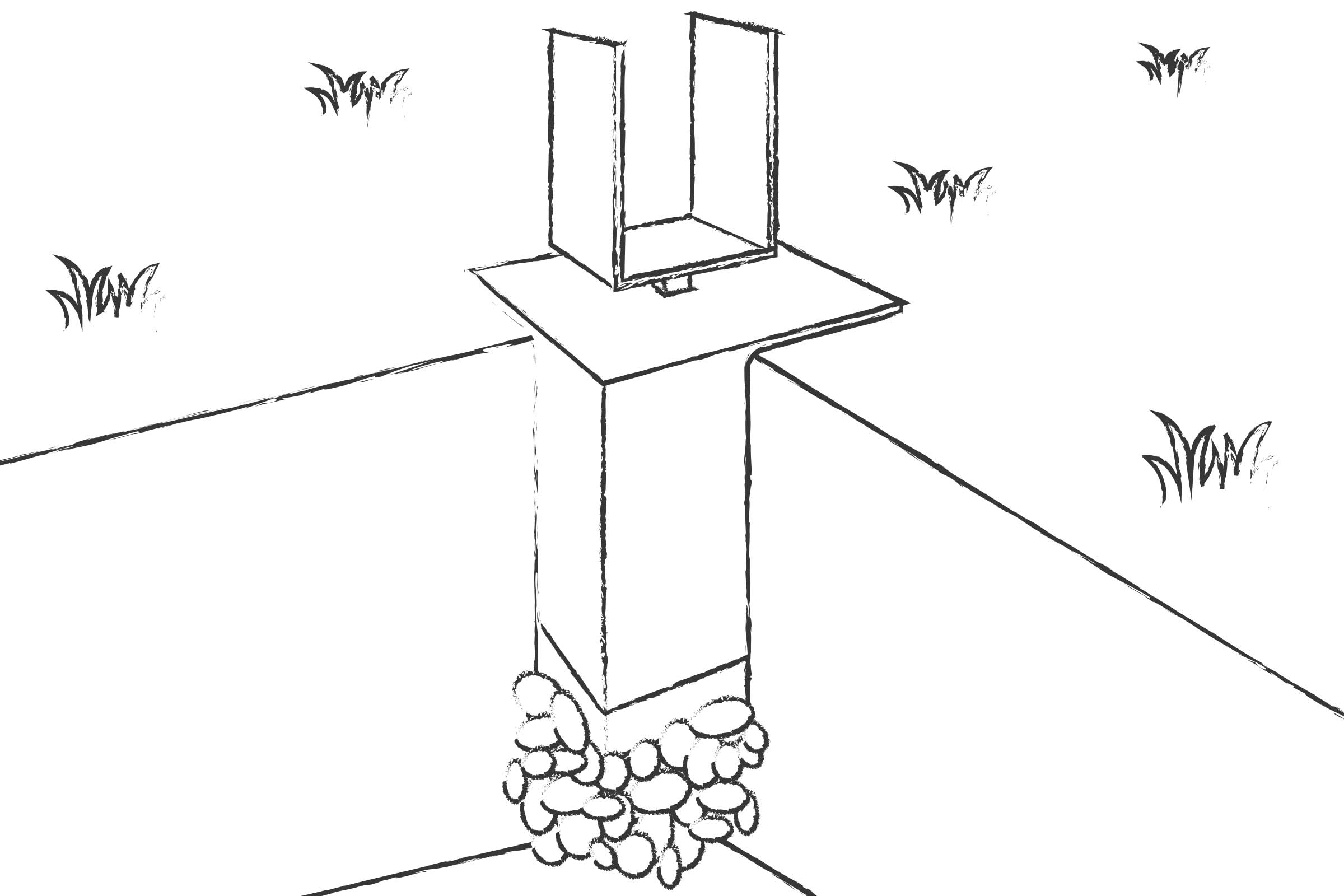 Ilustrație a unui suport de stâlp H încorporat în beton în grădină
