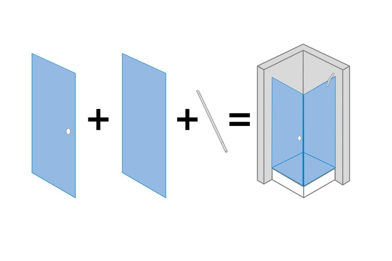 Construcția unei cabine de duș cu ușă, perete lateral și bară de stabilizare
