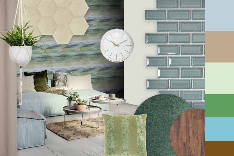Spațiu de locuit cu canapea, perne, masă, ceas, panouri de perete, plăci și decorațiuni pentru o atmosferă confortabilă