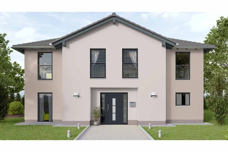 Imaginea unei case unifamiliale moderne cu ușă de intrare, ferestre și acoperiș gri