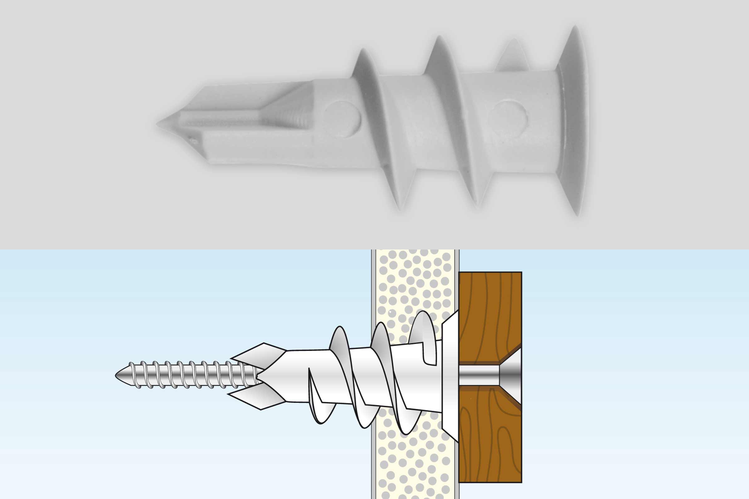 Diblu de expansiune din plastic cu șurub și desen schematic