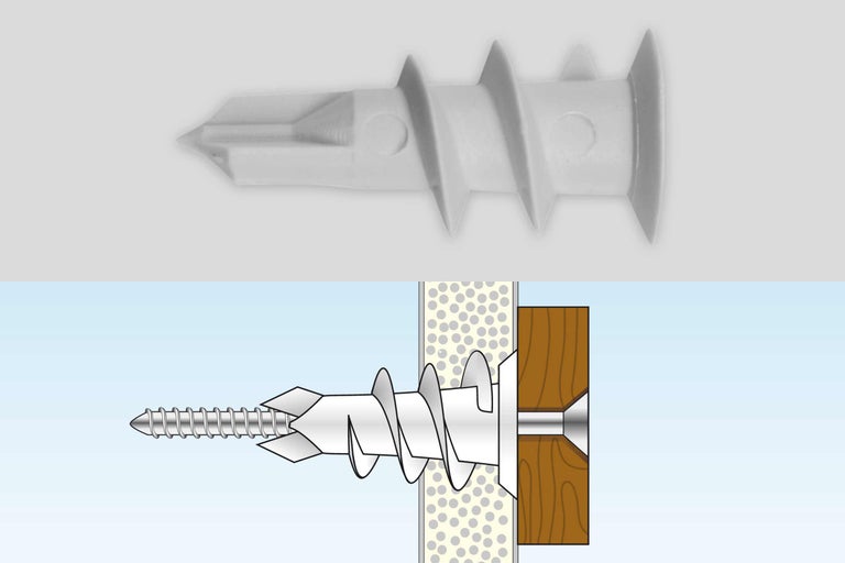 Diblu de expansiune din plastic cu șurub și desen schematic