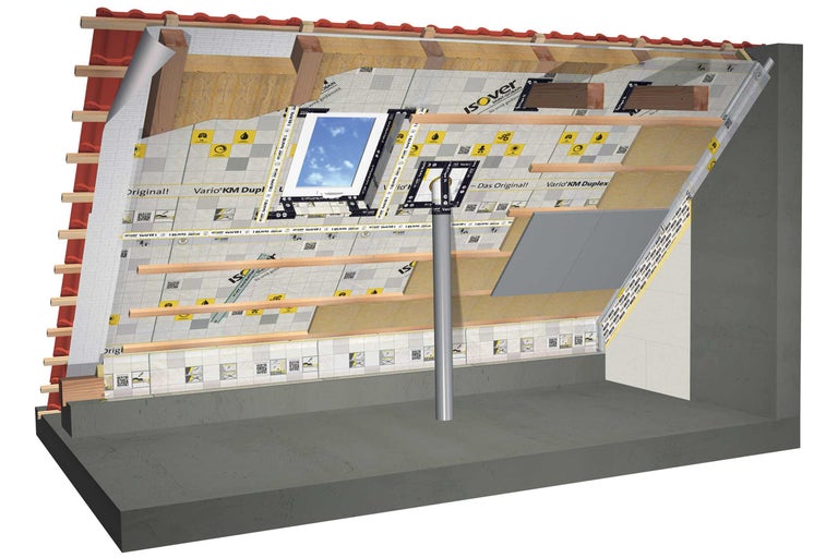 Ilustrație a unui acoperiș izolat cu fereastră de mansardă, țigle, cadru de lemn și materiale izolante Isover