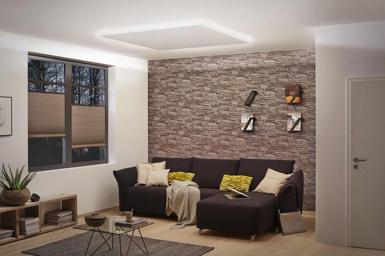 Living modern cu plafonieră, canapea și fereastră