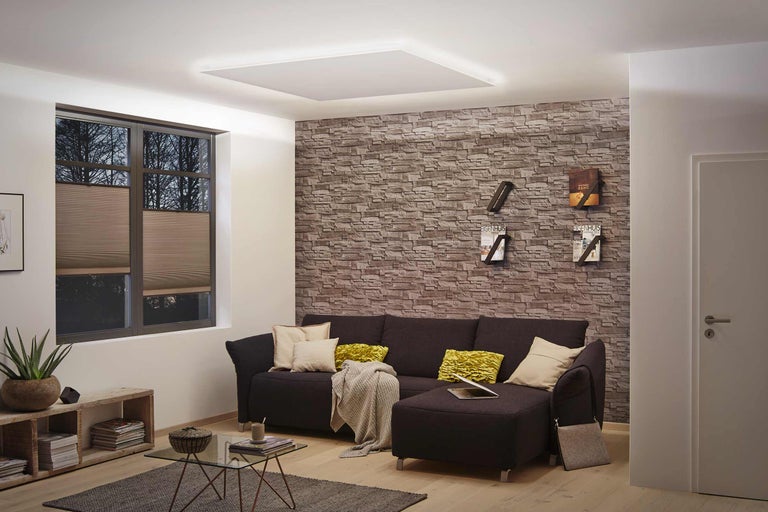 Living modern cu plafonieră, canapea și fereastră