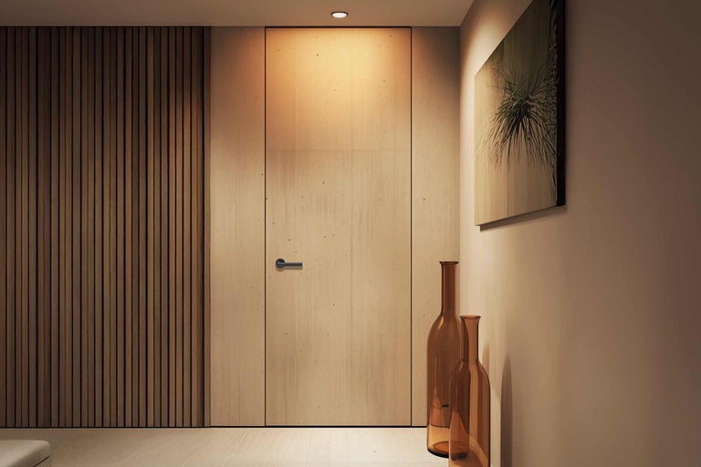 Interior modern cu ușă din lemn, panouri de perete și sticle decorative din sticlă