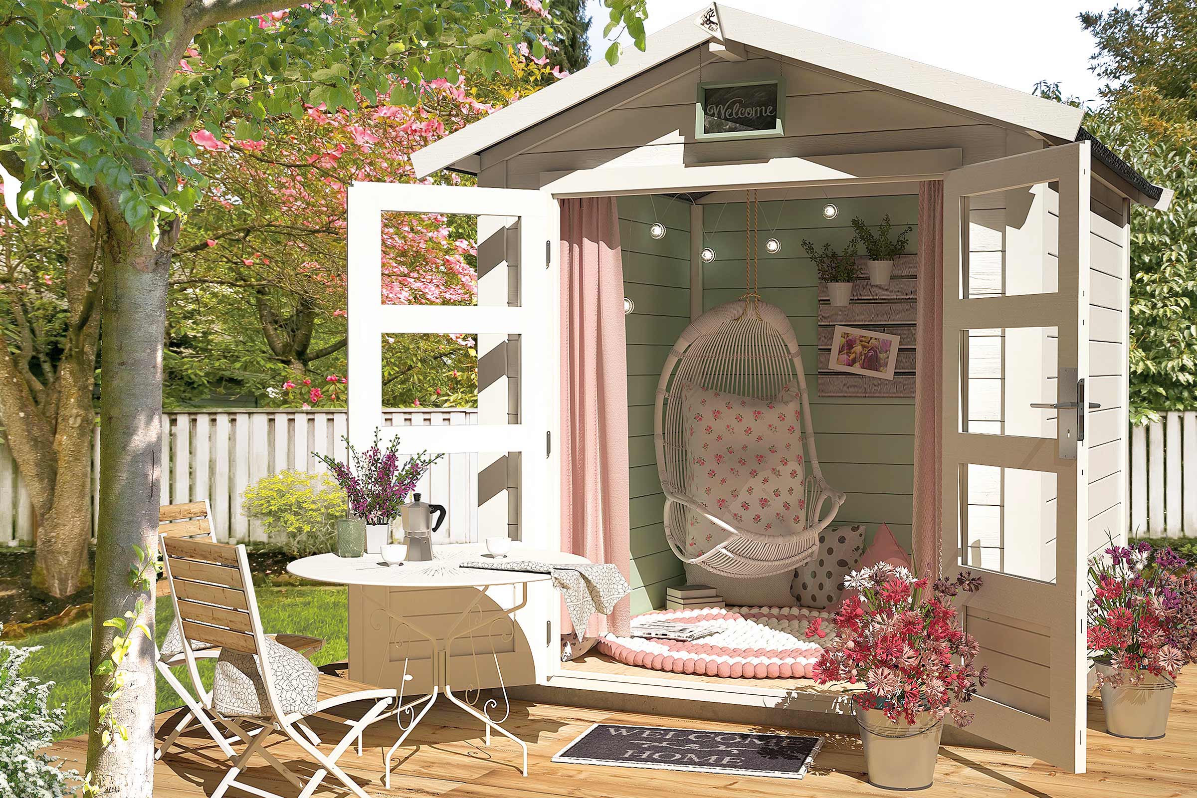 Cabină de grădină decorativă cu mobilier de exterior pe o terasă din lemn