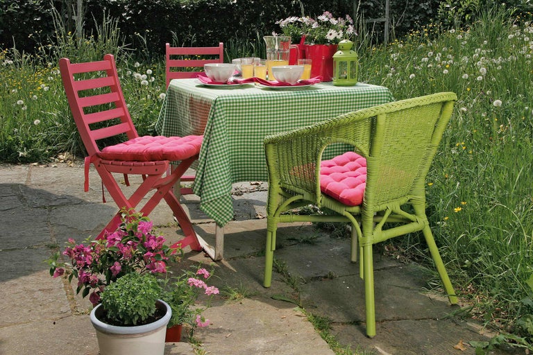 Scenă de grădină cu masă, față de masă în carouri, veselă, băuturi și scaune cu perne pentru scaune