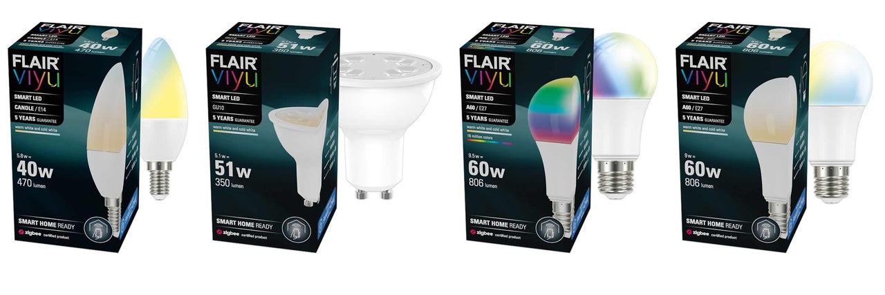 Diverse becuri LED inteligente Flair Viyu cu ambalaj de produs
