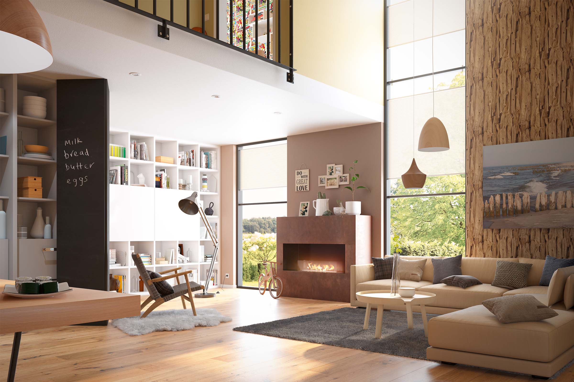 Cameră de zi cu rafturi, șemineu și canapea într-un design modern