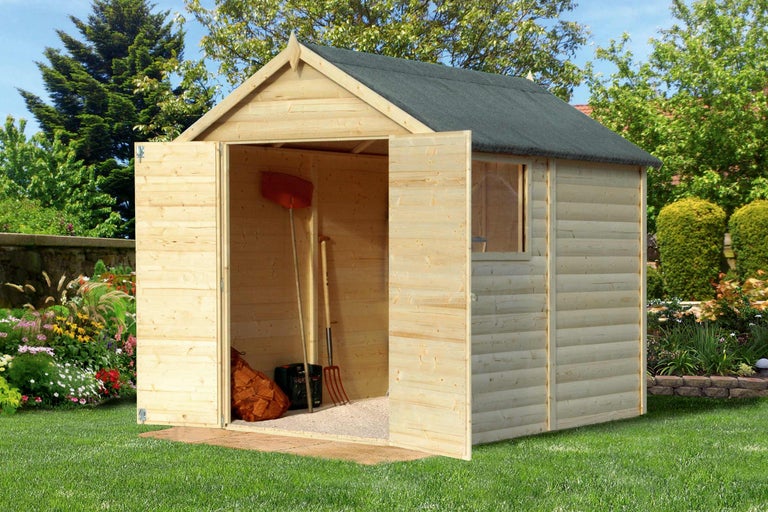 Magazie de grădină din lemn cu uși deschise și unelte de grădinărit în interior