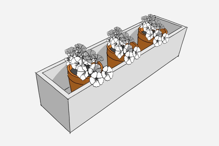 Jardinieră dreptunghiulară cu trei flori în ghivece de teracotă