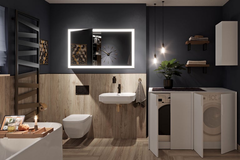 Baie modernă cu cadă, lavoar, toaletă, oglindă iluminată și mașină de spălat