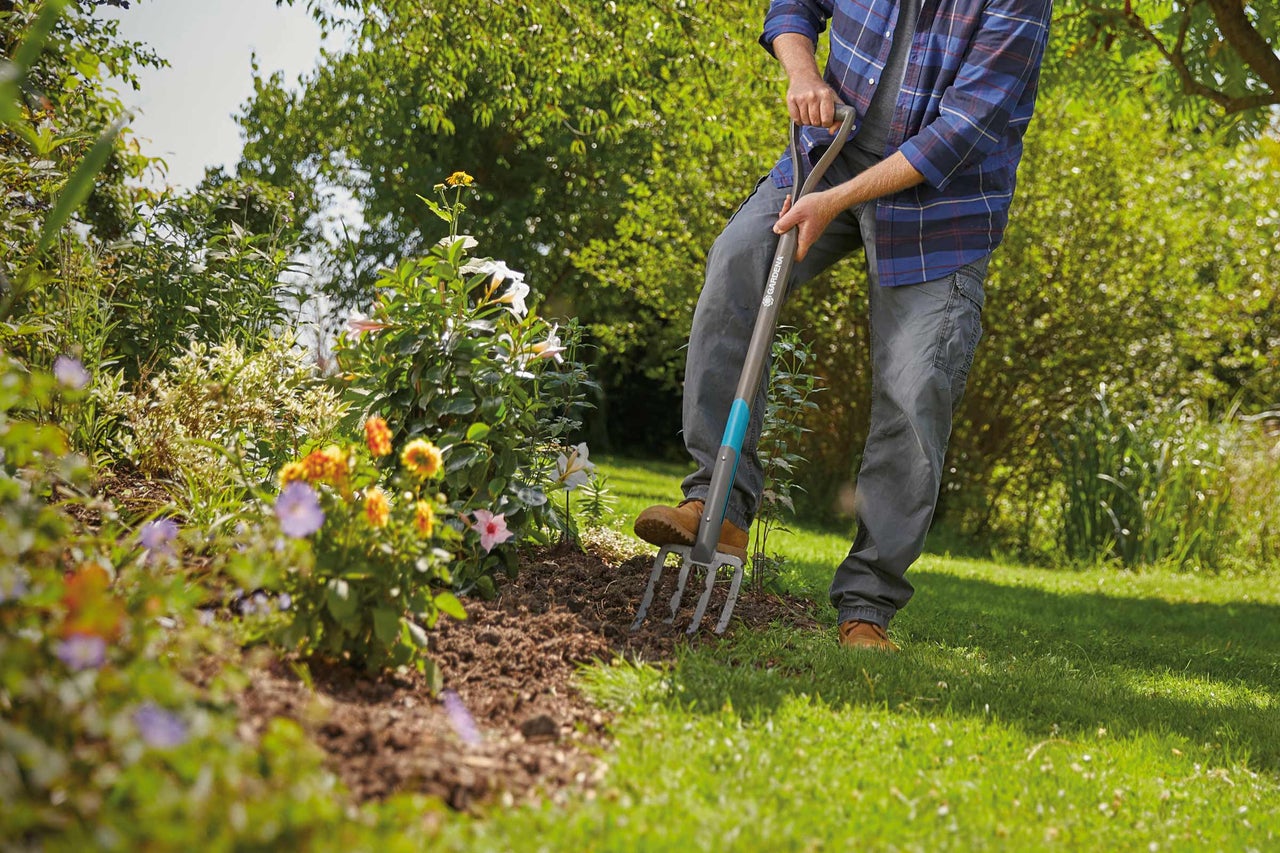 Un bărbat folosește o furcă de grădină în grădină.