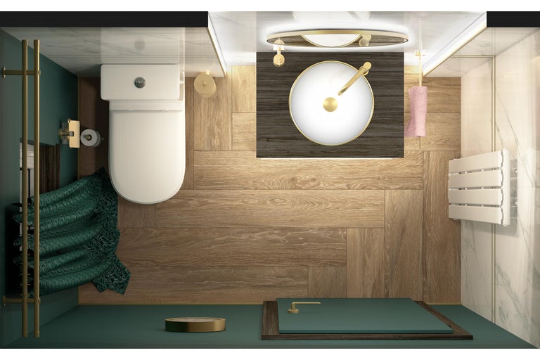 Vedere de sus a unei băi cu toaletă, chiuvetă, duș și calorifer