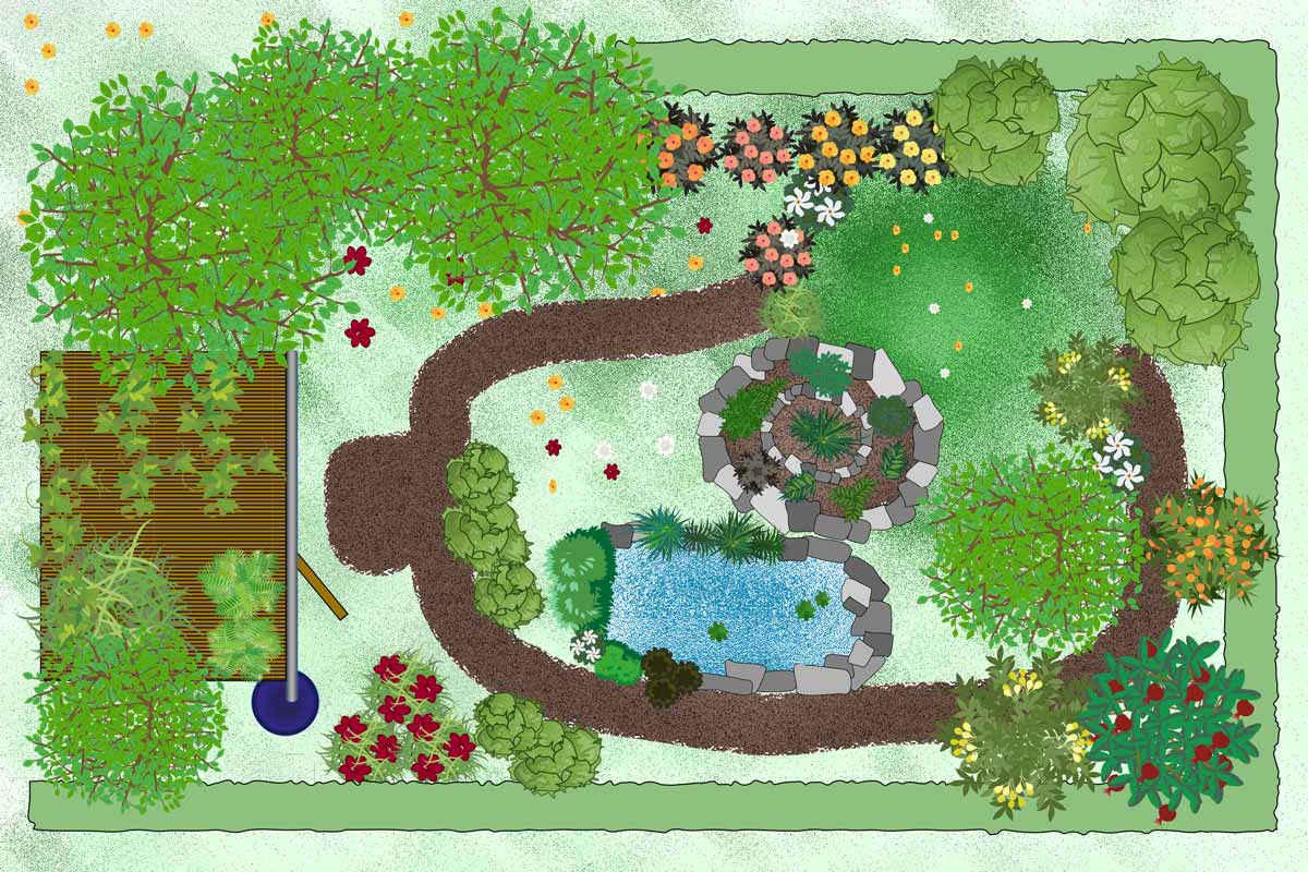 Vedere de sus a unui plan de grădină cu iaz, potecă și plante