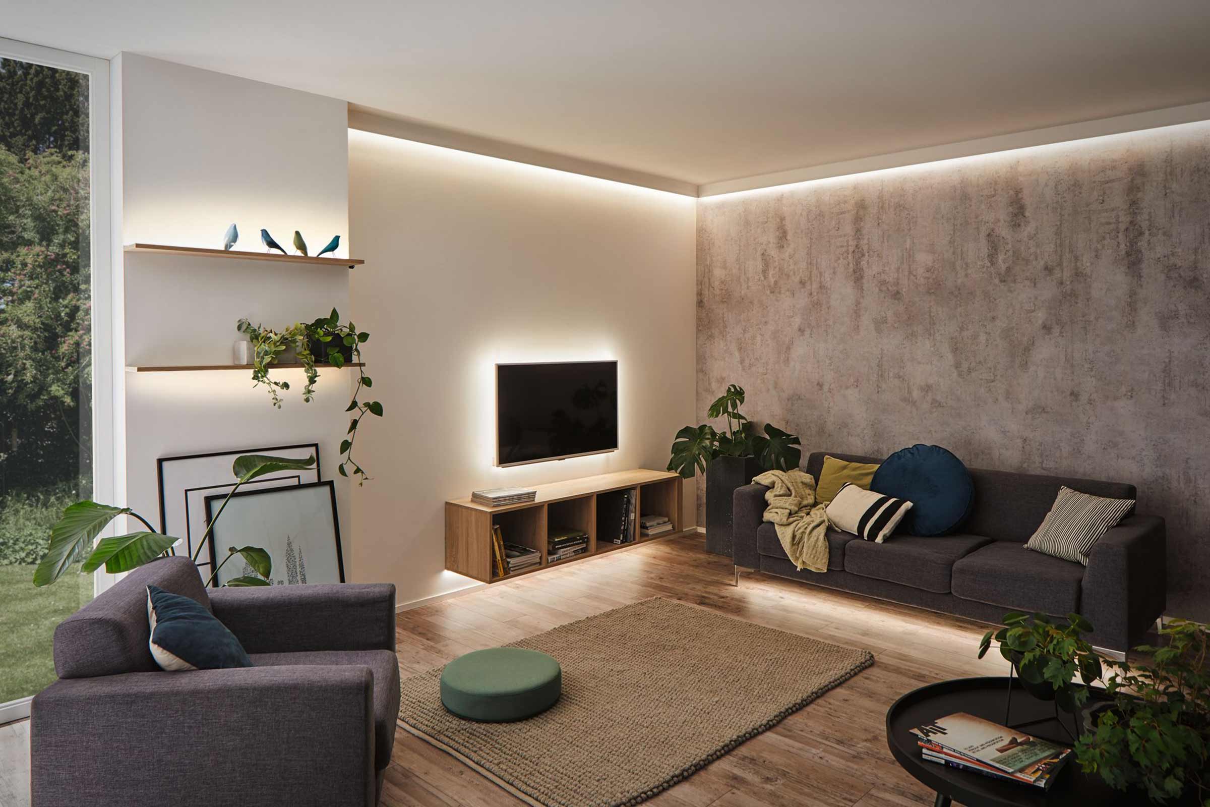 Living luminos cu canapea, fotoliu, televizor și rafturi cu plante și decorațiuni
