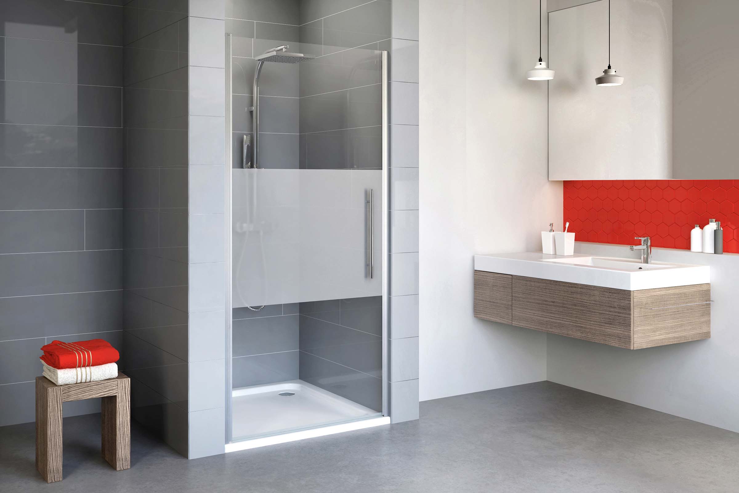 Baie modernă cu cabină de duș, lavoar și taburet de depozitare
