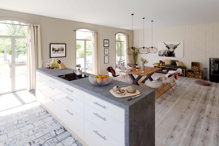 Living luminos cu insulă de bucătărie, masă de sufragerie și decorațiuni în stil modern