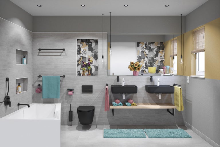 Baie luminoasă cu cadă, chiuvete și toaletă