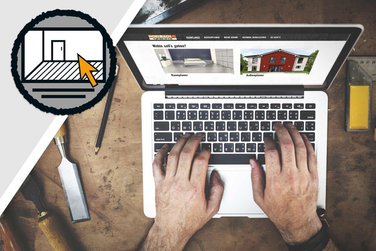 Laptop cu site-ul web Hornbach și mâini pe tastatură, scule pe masă