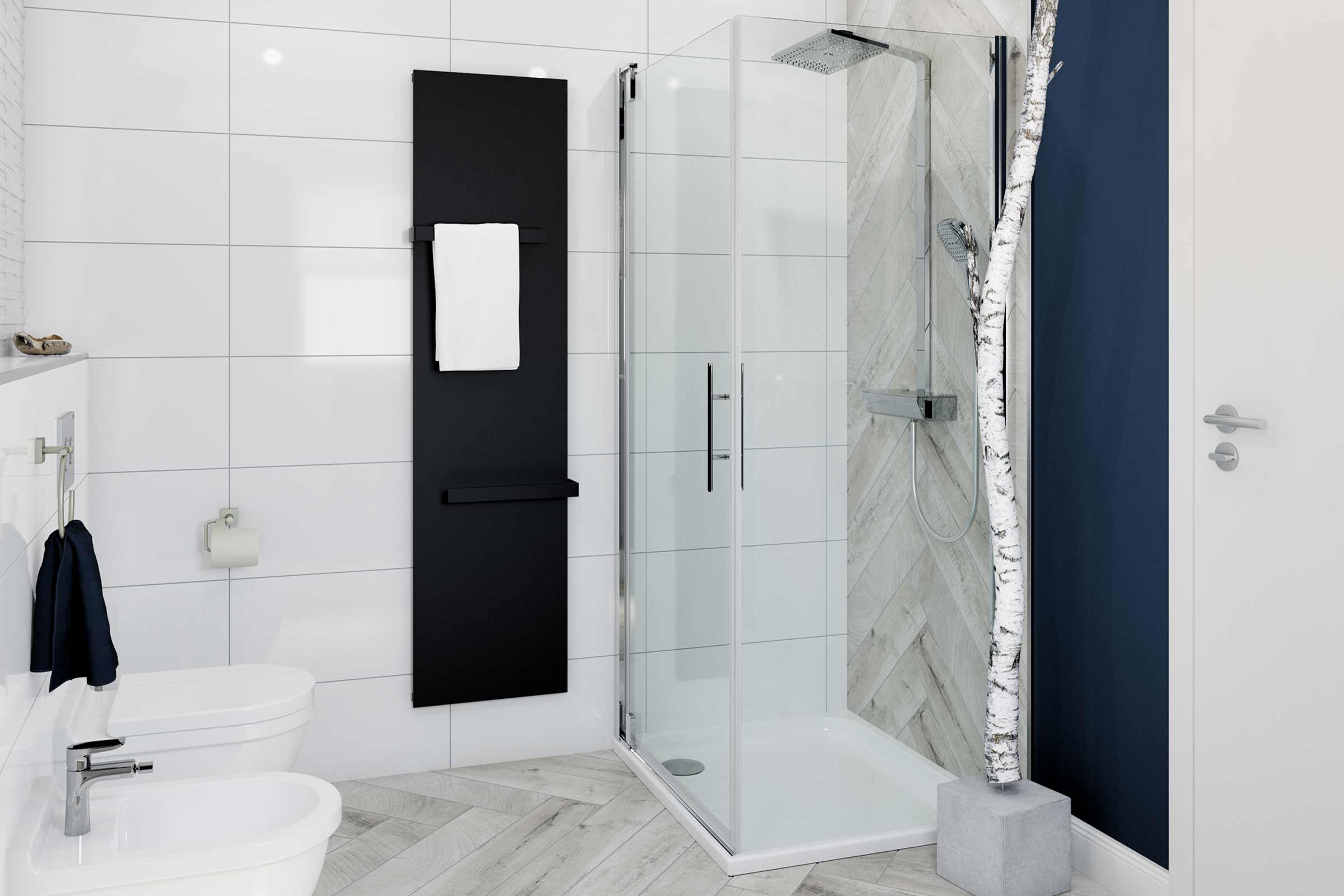 Baie modernă cu duș, calorifer pentru prosoape și obiecte sanitare