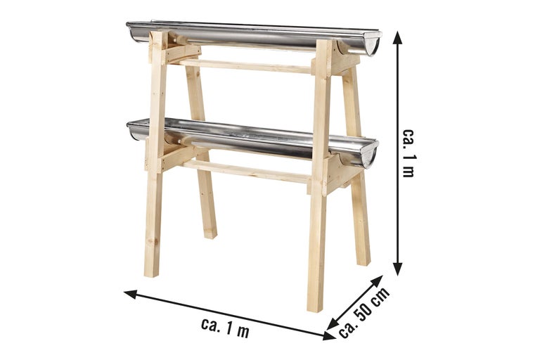 Măsuță de plantare cu două jgheaburi și cadru din lemn, înălțime de aproximativ 1 metru, adâncime de aproximativ 50 centimetri, lățime de aproximativ 1 metru
