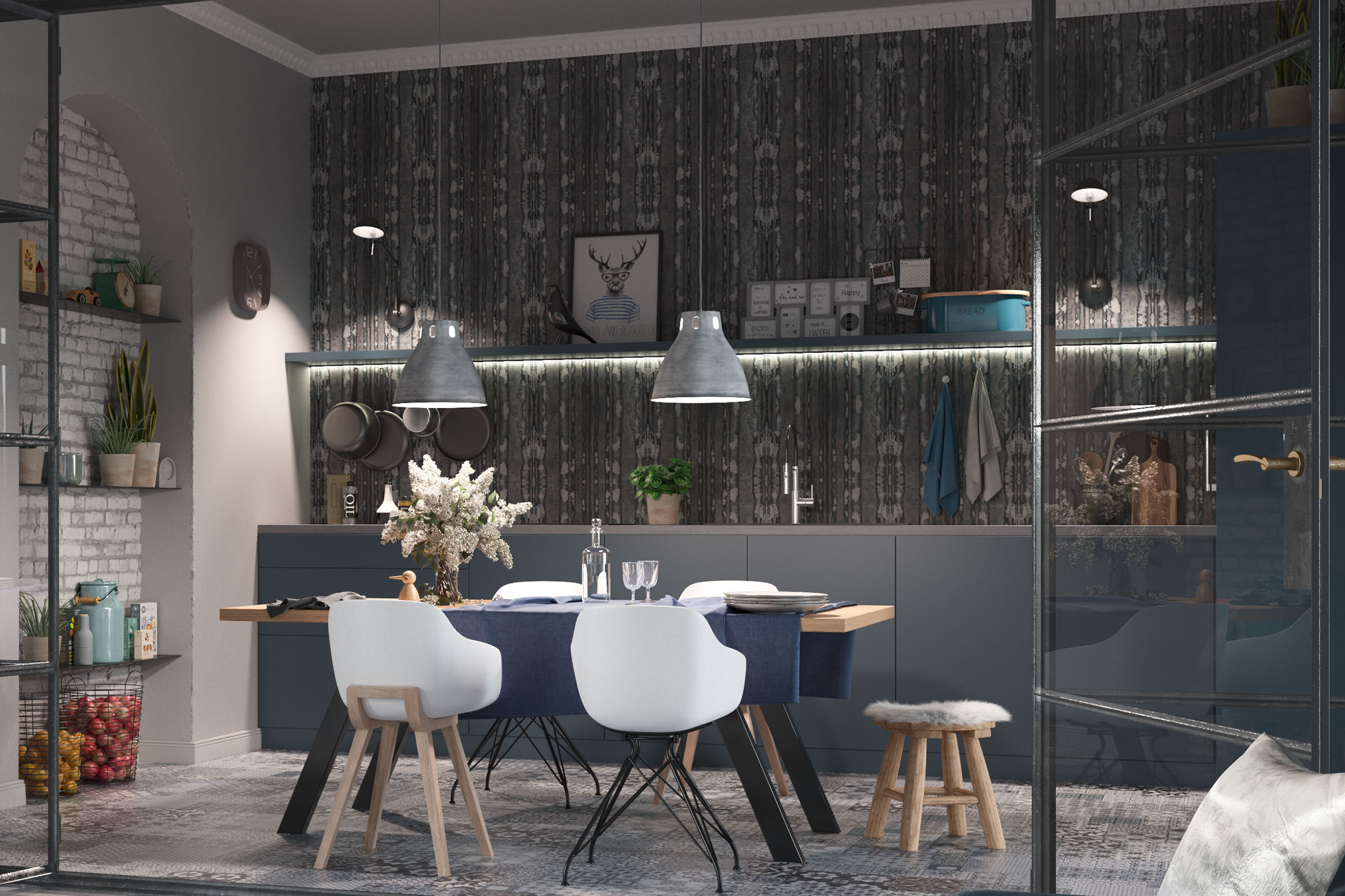 Sufragerie luminoasă cu masă, scaune și elemente decorative într-un design modern