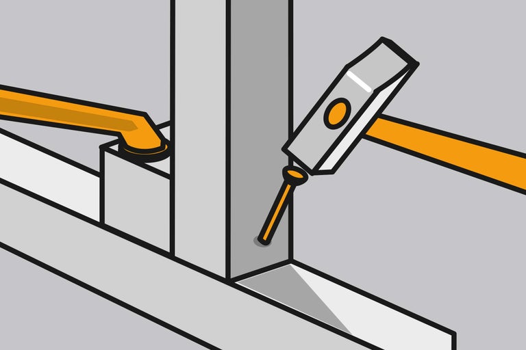 Ilustrația prezintă un ciocan care bate un cui într-o grindă