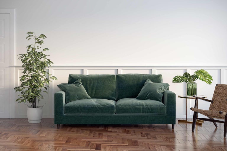 Living confortabil cu canapea verde, plante de interior și podea din lemn