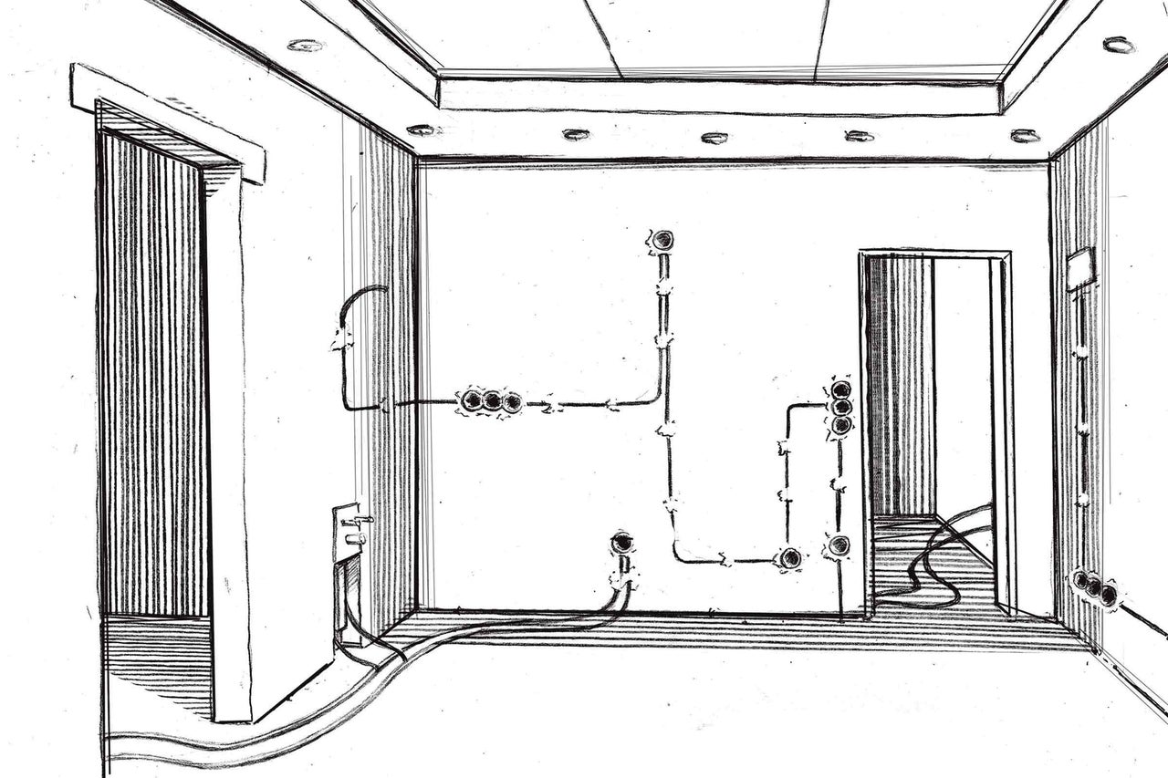 Ilustrație a unei camere cu instalații electrice pe pereți și iluminat pe tavan