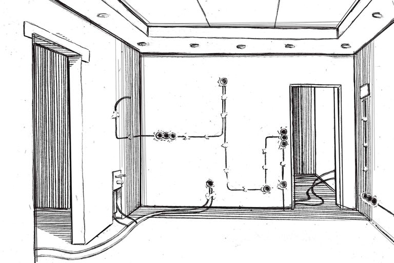 Ilustrație a unei camere cu instalații electrice pe pereți și iluminat pe tavan
