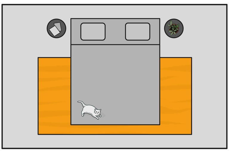 Vedere de sus a unei camere cu pat, covor, noptiere, plante și o pisică