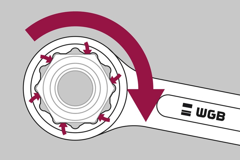 Reprezentare a unei piulițe cu transmisie de forță de douăsprezece ori mai mare printr-o cheie cu săgeți și logo WGB