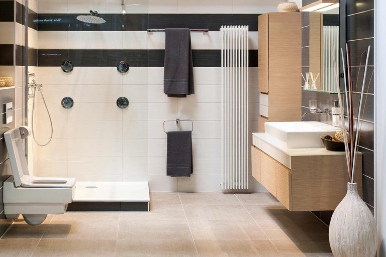 Baie modernă cu toaletă, duș, radiator și chiuvetă