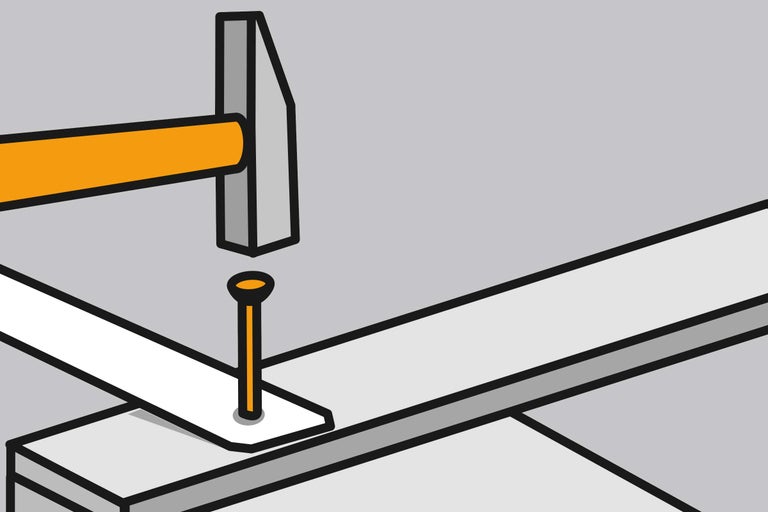 Ilustrație cu un ciocan care bate un cui într-o scândură de lemn
