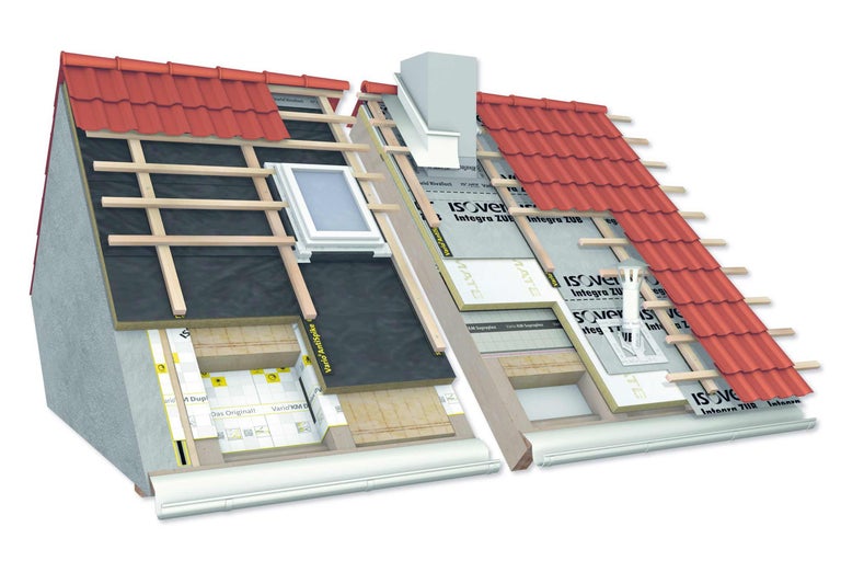 Model secțiune transversală a unui acoperiș cu izolație, fereastră de mansardă și țigle roșii
