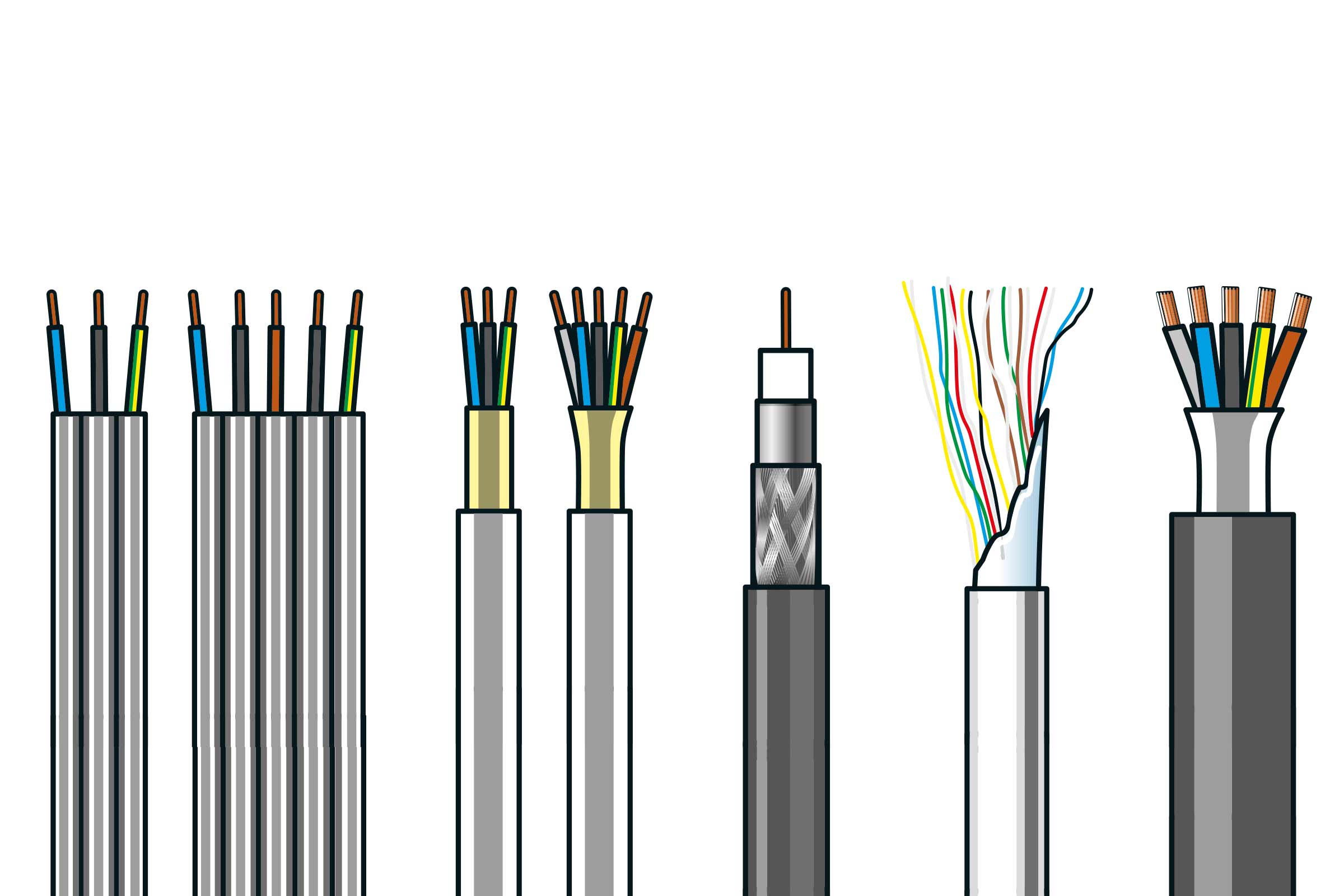 Diverse cabluri electrice și fire în secțiune transversală.