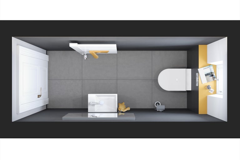 Vedere de sus a unei băi cu toaletă, chiuvetă și duș