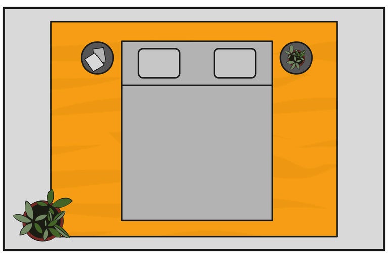 Vedere de sus a unui dormitor cu pat, noptiere, covor și plante de interior