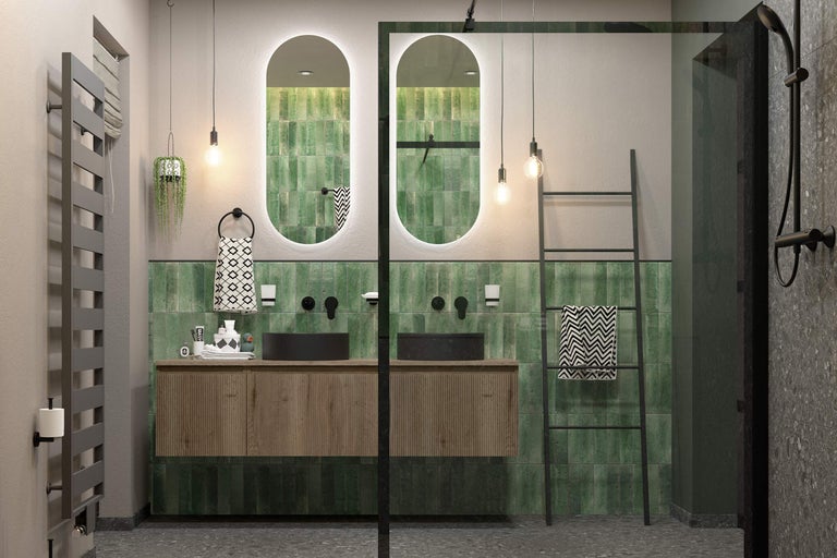 Baie modernă cu lavoar, oglinzi, faianță verde și duș