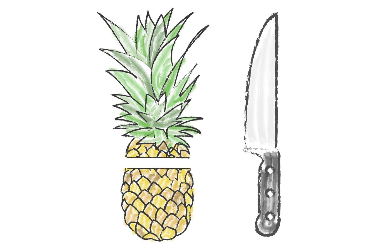 Ilustrație cu un ananas tăiat și un cuțit de bucătărie
