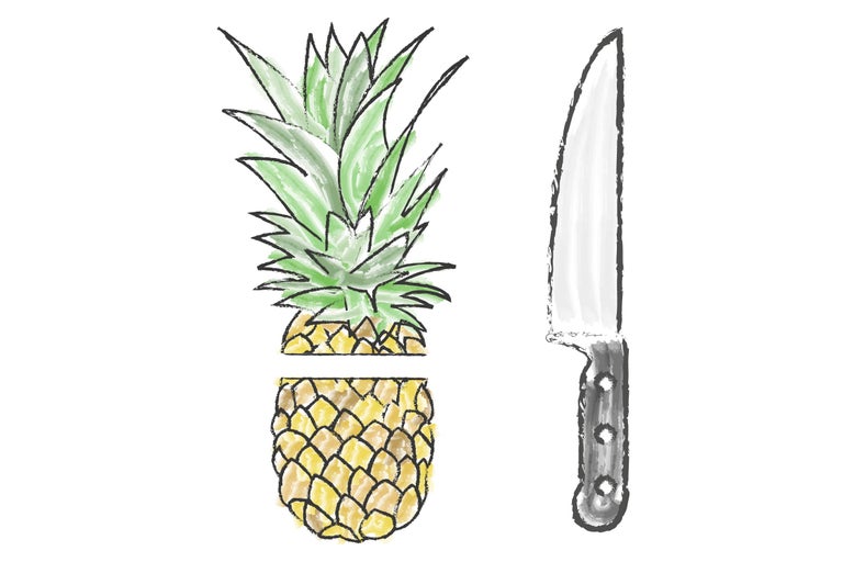 Ilustrație cu un ananas tăiat și un cuțit de bucătărie