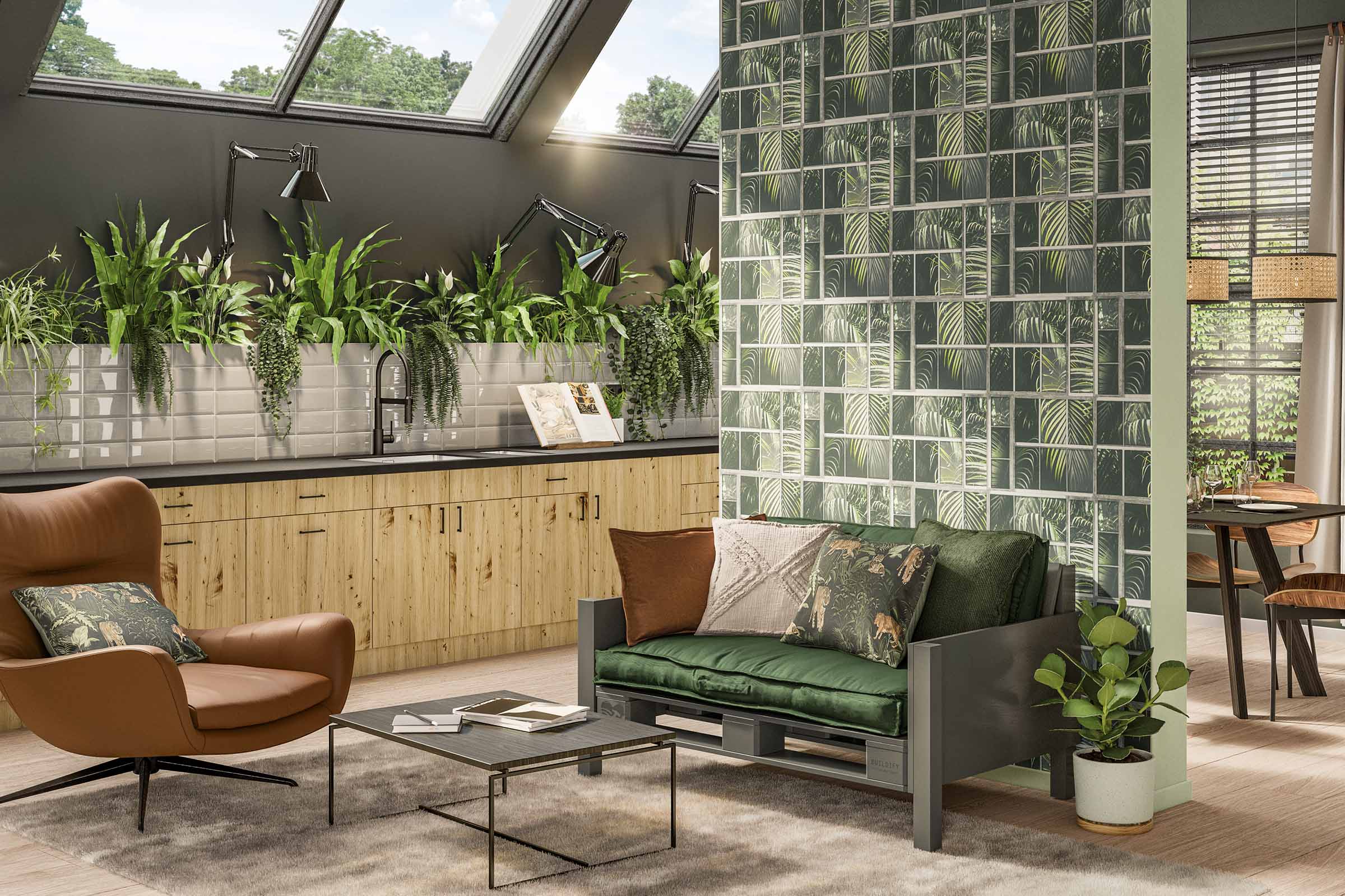Cameră de zi cu mobilier cu design natural, inclusiv o canapea din paleți, un fotoliu și o masă de sufragerie.