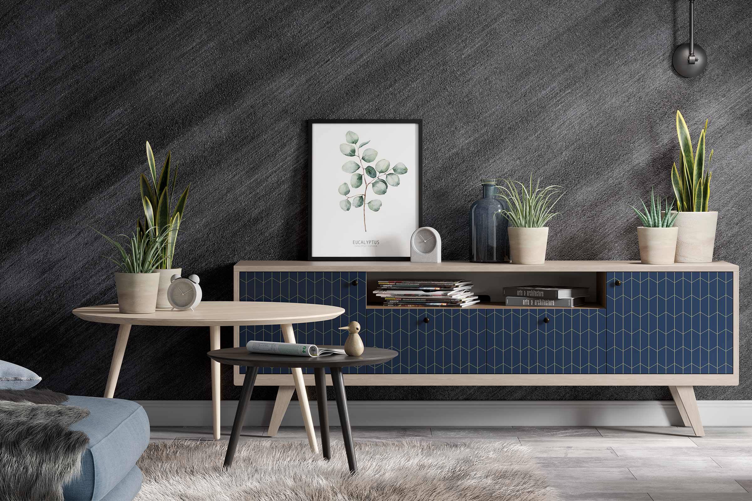 Living cu bufet, mese și decorațiuni pentru o atmosferă confortabilă