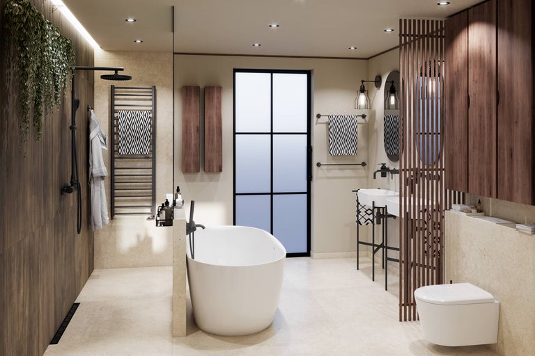 Baie modernă cu cadă de sine stătătoare, duș de tip walk-in, lavoar dublu, perete despărțitor din lemn și plăci ceramice cu aspect de piatră.