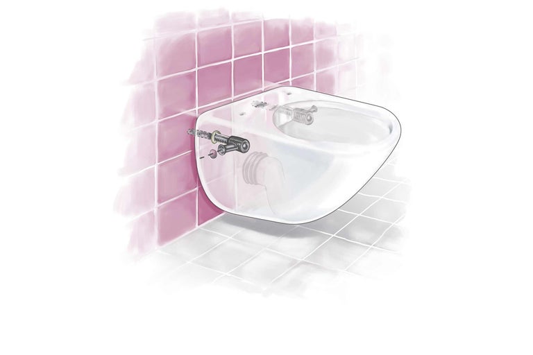 WC suspendat cu instrucțiuni de montaj și material de fixare.